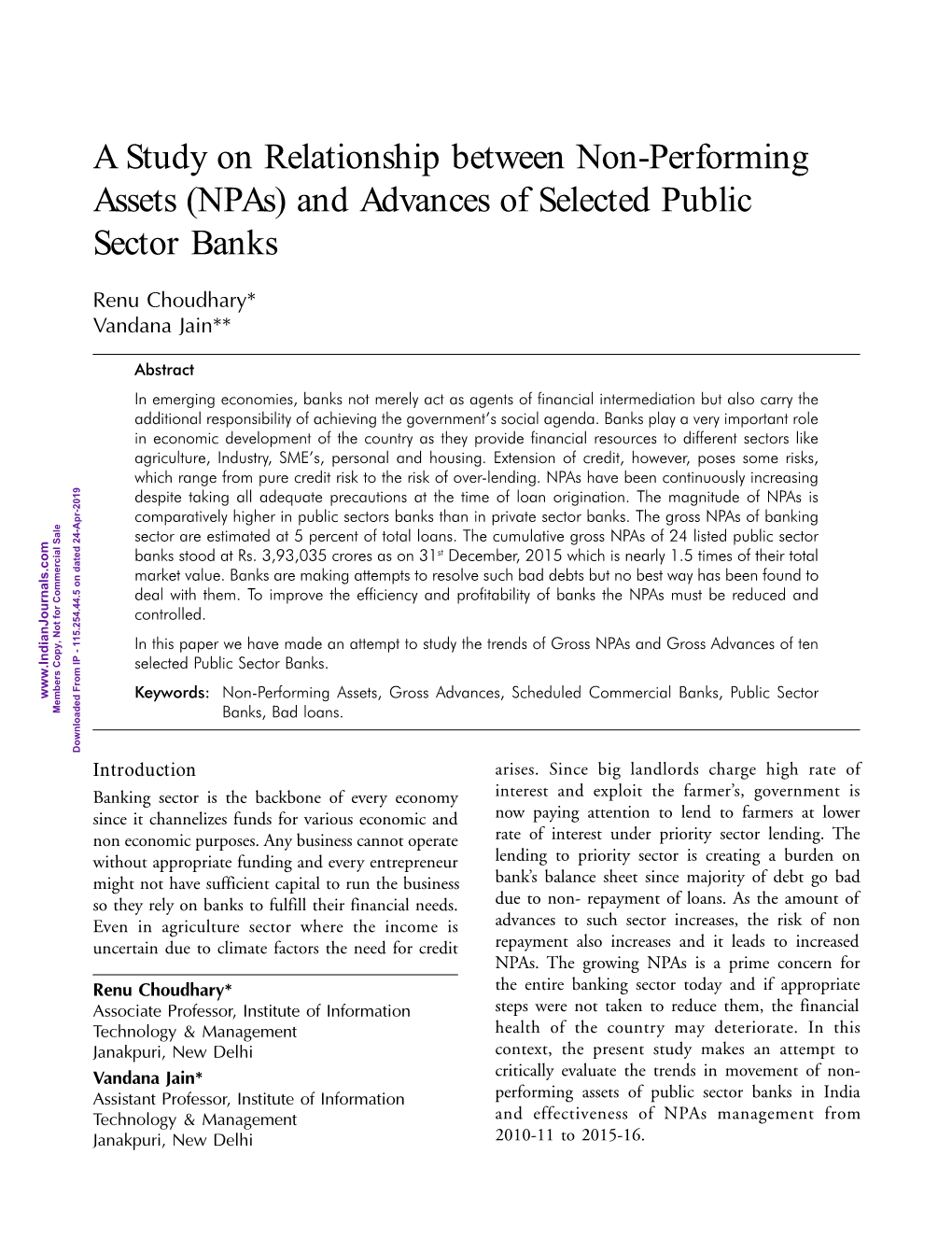 A Study on Relationship Between Non-Performing Assets (Npas) and Advances of Selected Public Sector Banks