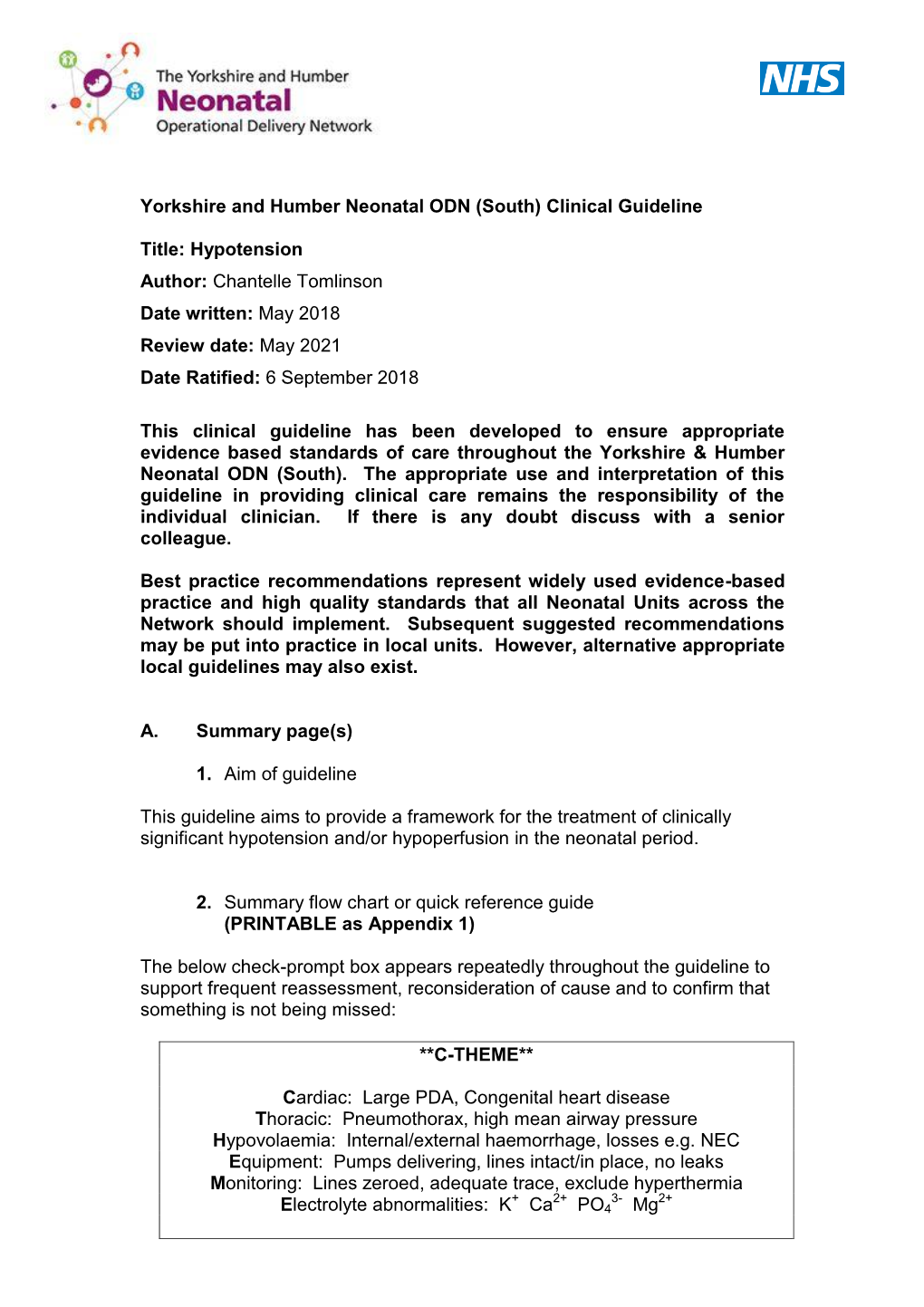 Yorkshire and Humber Neonatal ODN (South) Clinical Guideline