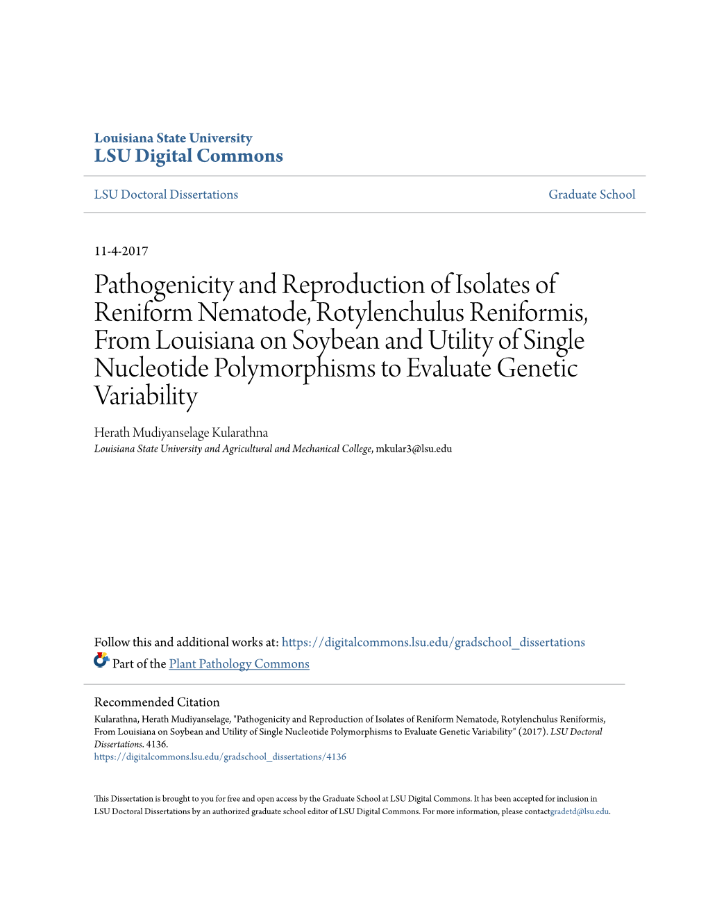 Pathogenicity and Reproduction of Isolates of Reniform Nematode