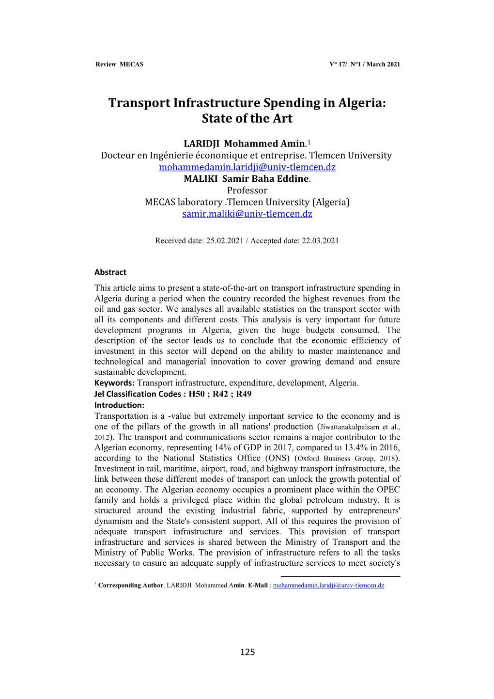 Transport Infrastructure Spending in Algeria: State of the Art