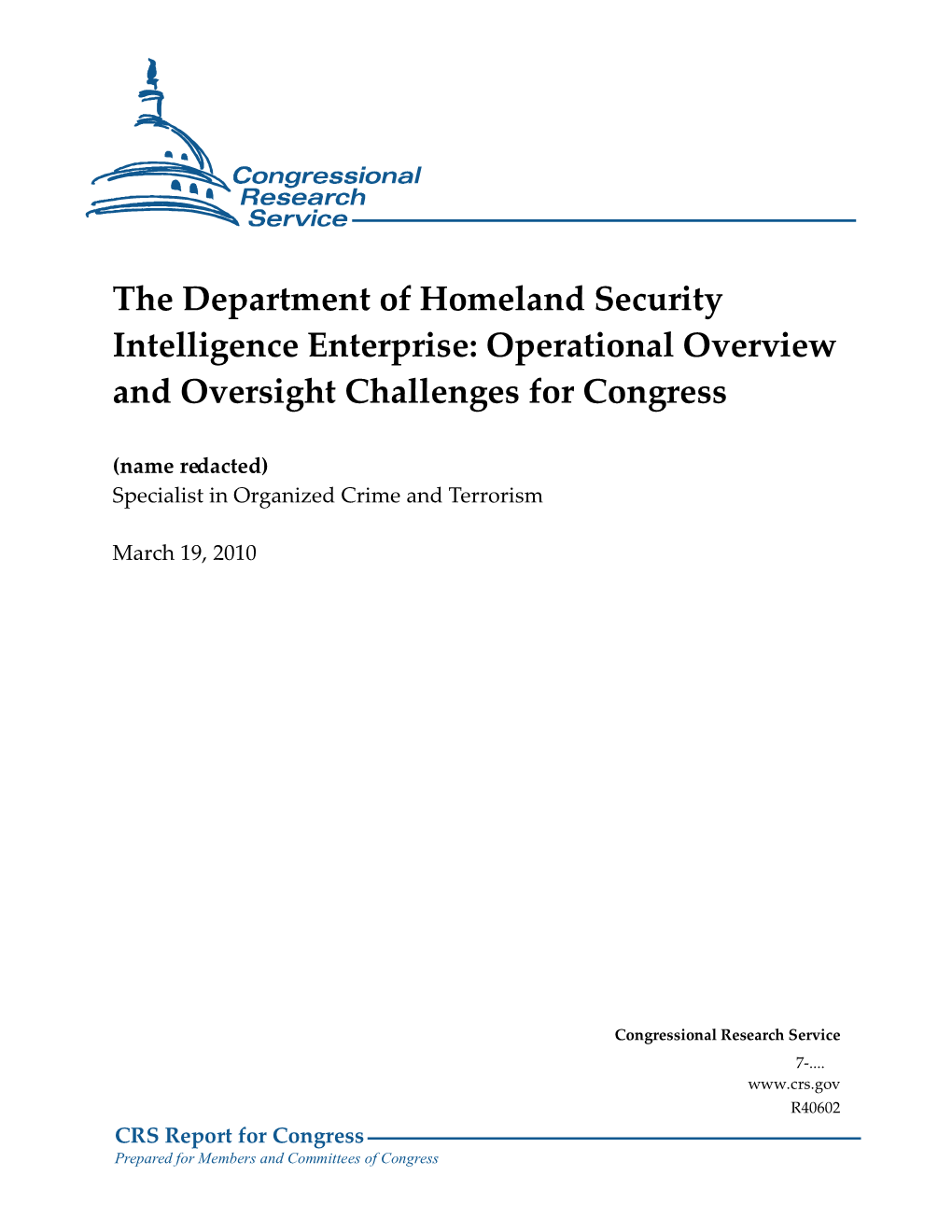 The Department of Homeland Security Intelligence Enterprise: Operational Overview and Oversight Challenges for Congress