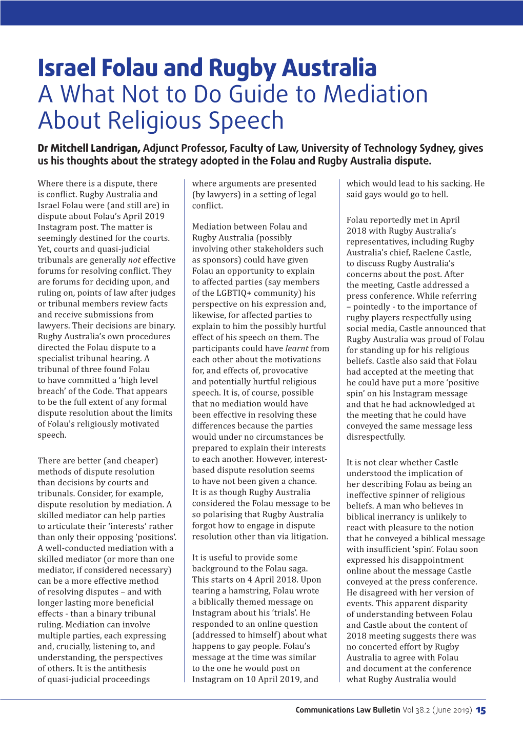 Israel Folau and Rugby Australia a What Not to Do Guide to Mediation About Religious Speech