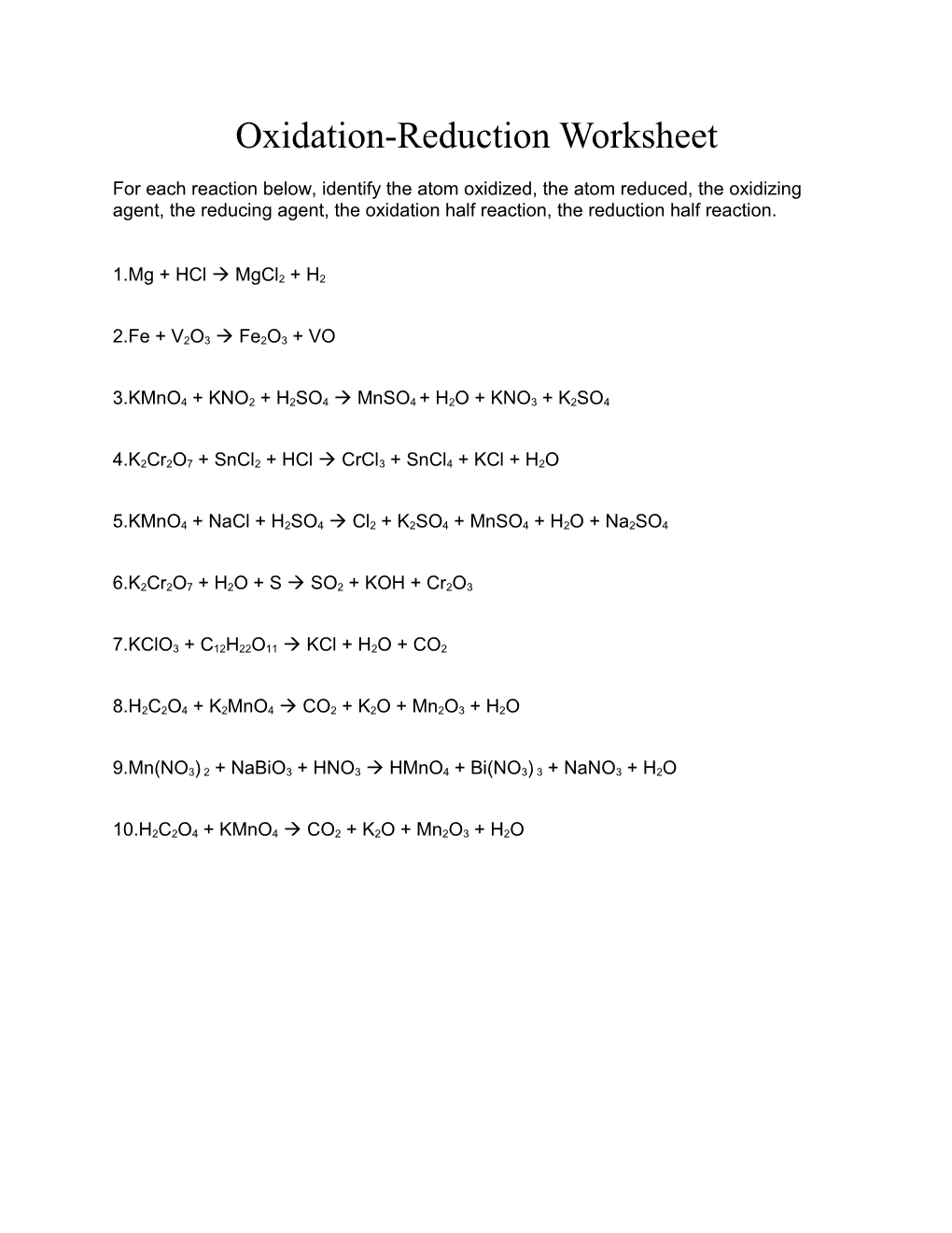 Oxidation-Reduction Worksheet