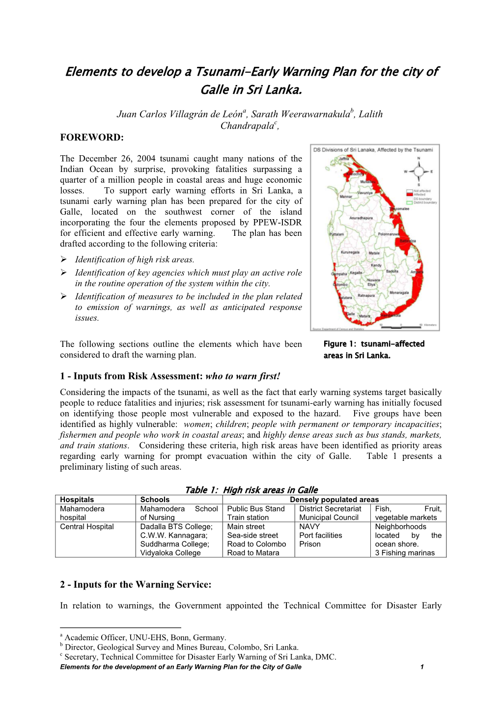 Elements to Develop a Tsunami-Early Warning Plan for the City of Galle in Sri Lanka