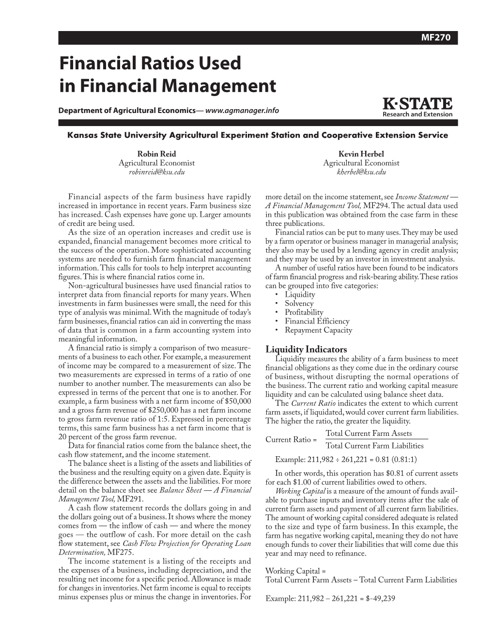 MF270 Financial Ratios Used in Financial Management