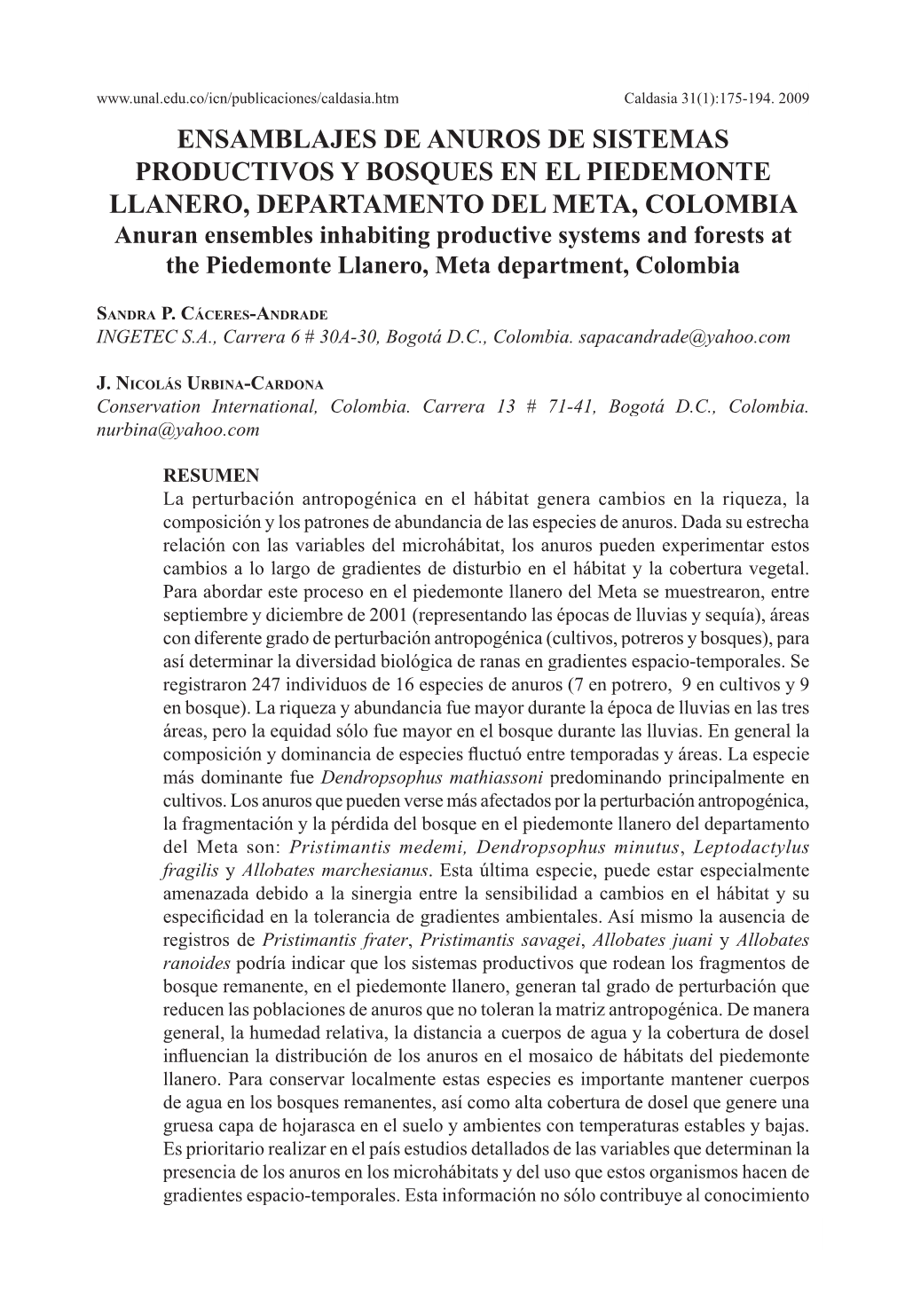 Ensamblajes De Anuros De Sistemas Productivos Y Bosques En El