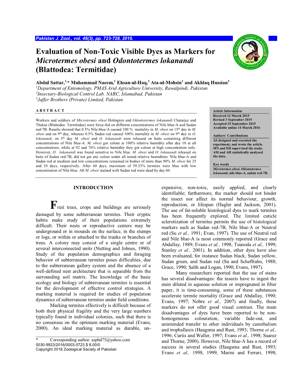 Evaluation of Non-Toxic Visible Dyes As Markers for Microtermes Obesi and Odontotermes Lokanandi (Blattodea: Termitidae)