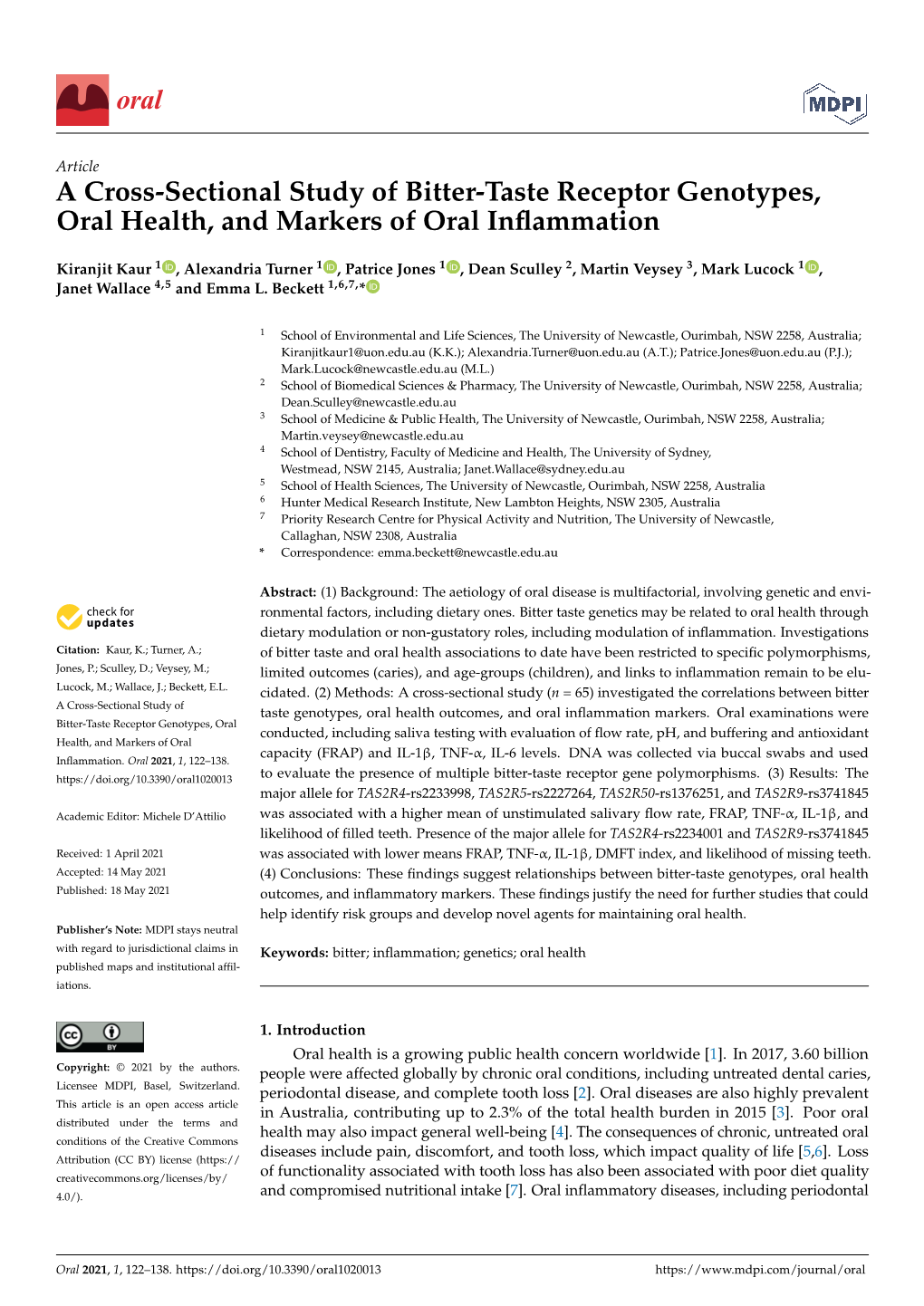 A Cross-Sectional Study of Bitter-Taste Receptor Genotypes, Oral Health, and Markers of Oral Inflammation