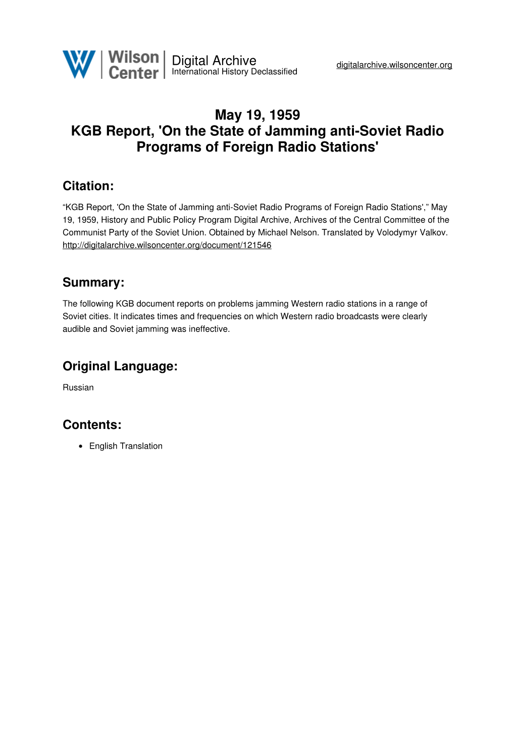 On the State of Jamming Anti-Soviet Radio Programs of Foreign Radio Stations'
