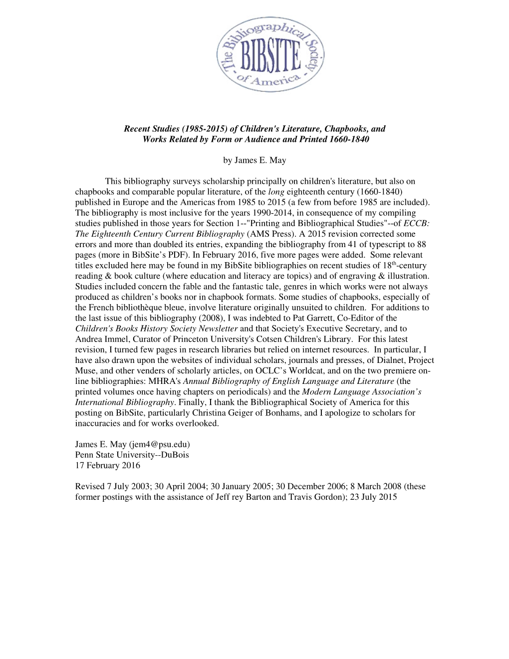 Of Children's Literature, Chapbooks, and Works Related by Form Or Audience and Printed 1660-1840 by James E