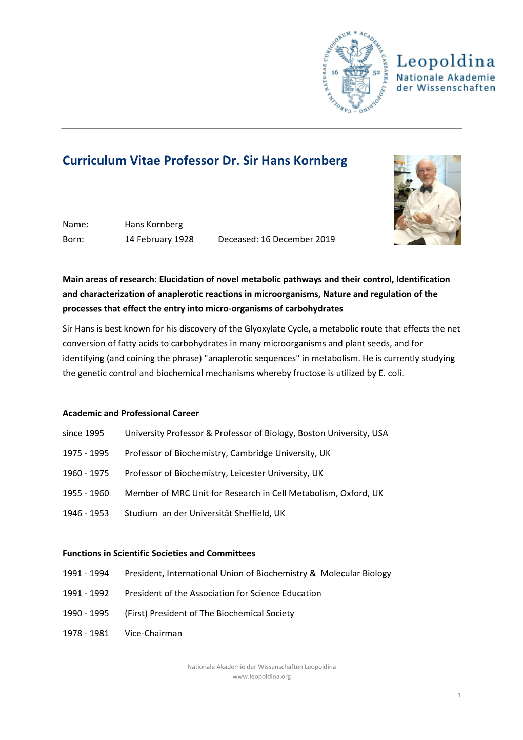 Curriculum Vitae Professor Dr. Sir Hans Kornberg