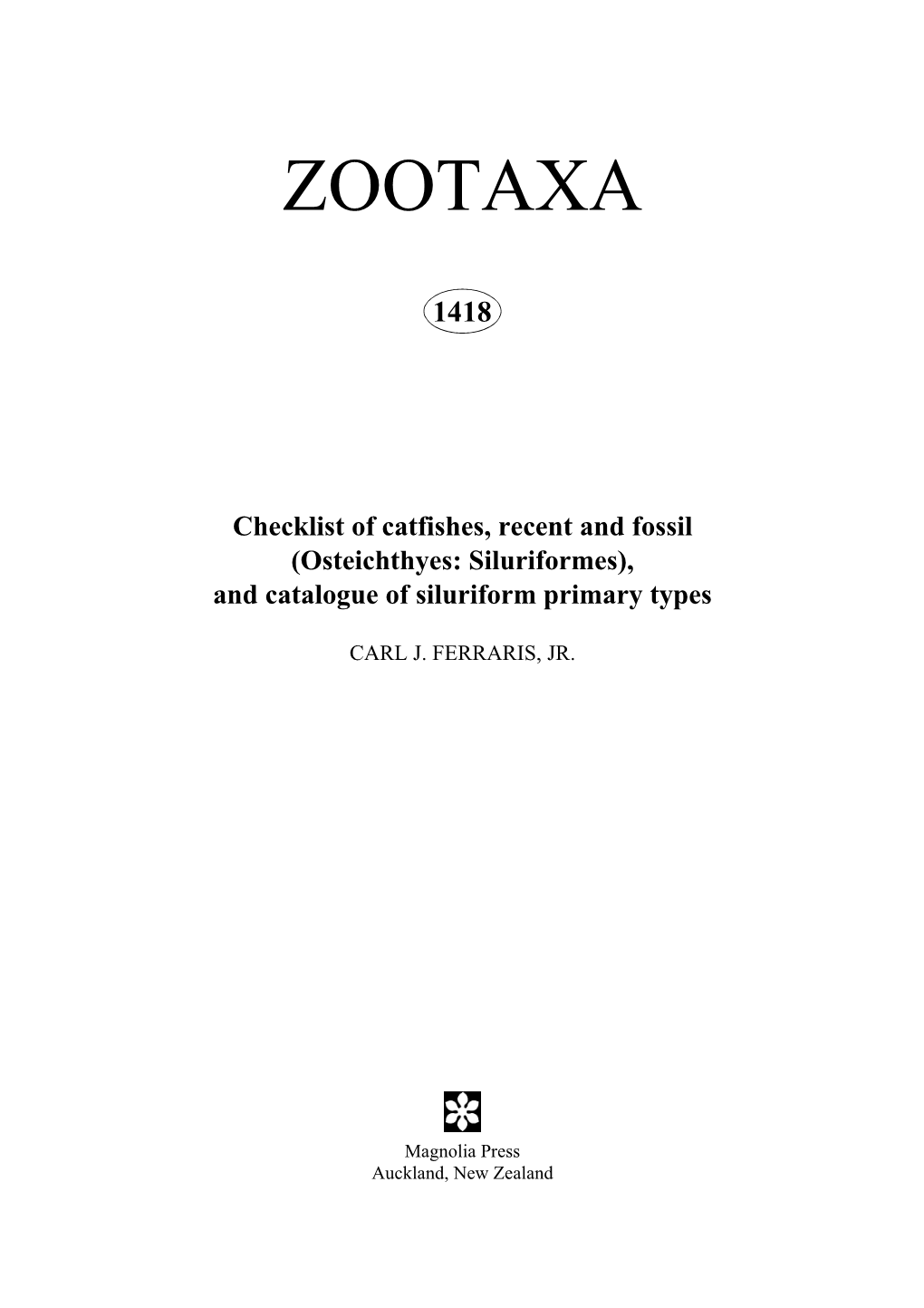 Zootaxa, Checklist of Catfishes, Recent and Fossil