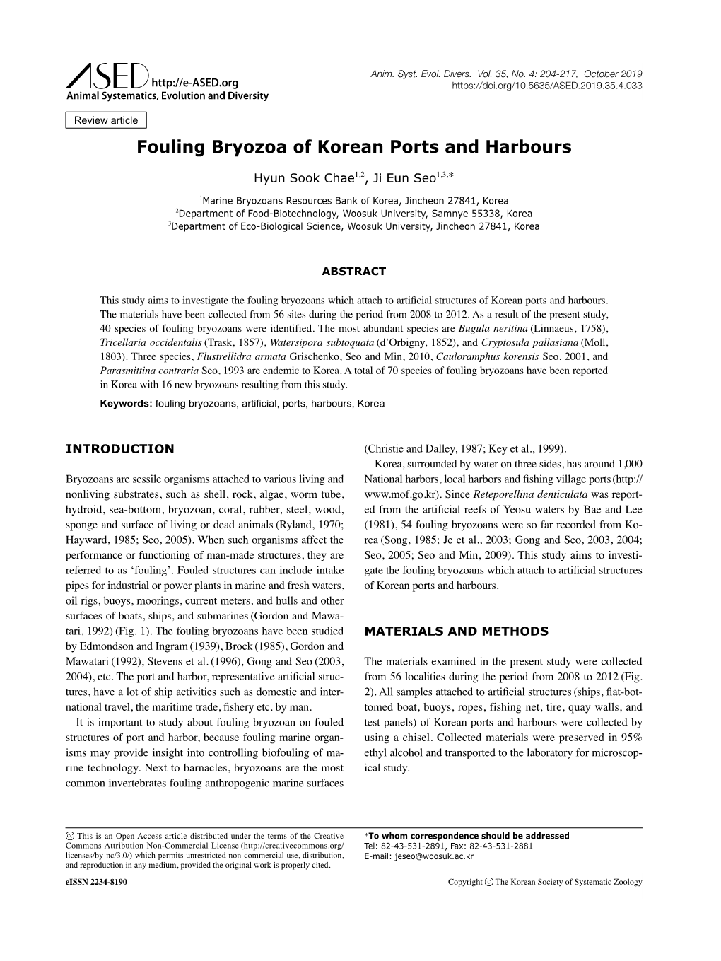 Fouling Bryozoa of Korean Ports and Harbours