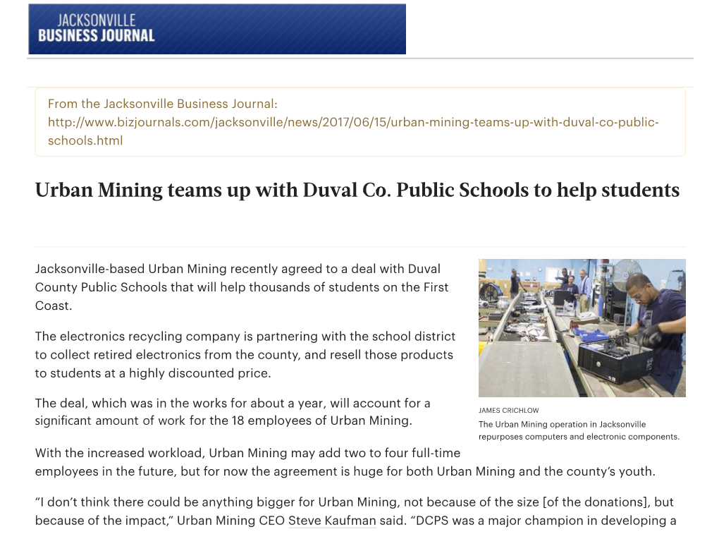 Urban Mining Teams up with Duval Co. Public Schools to Help Students