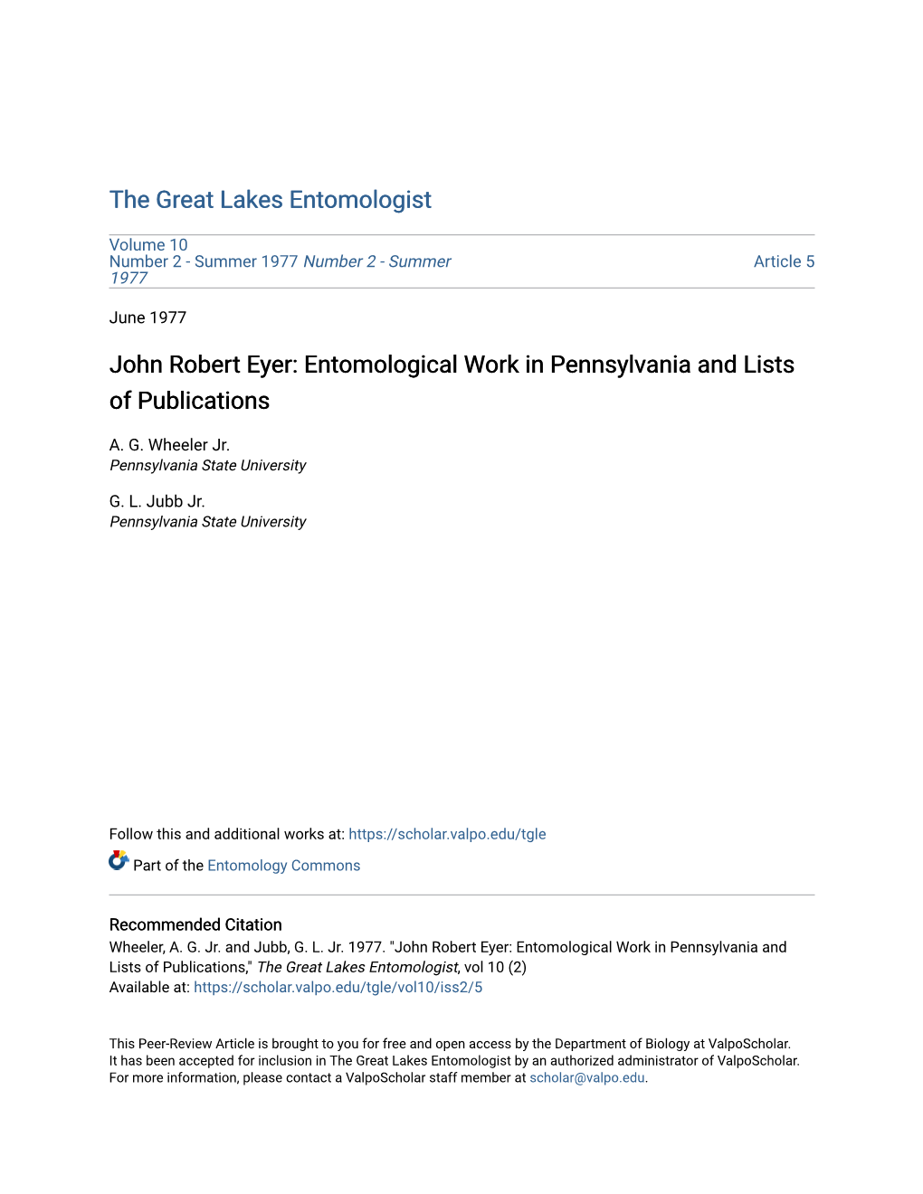 John Robert Eyer: Entomological Work in Pennsylvania and Lists of Publications