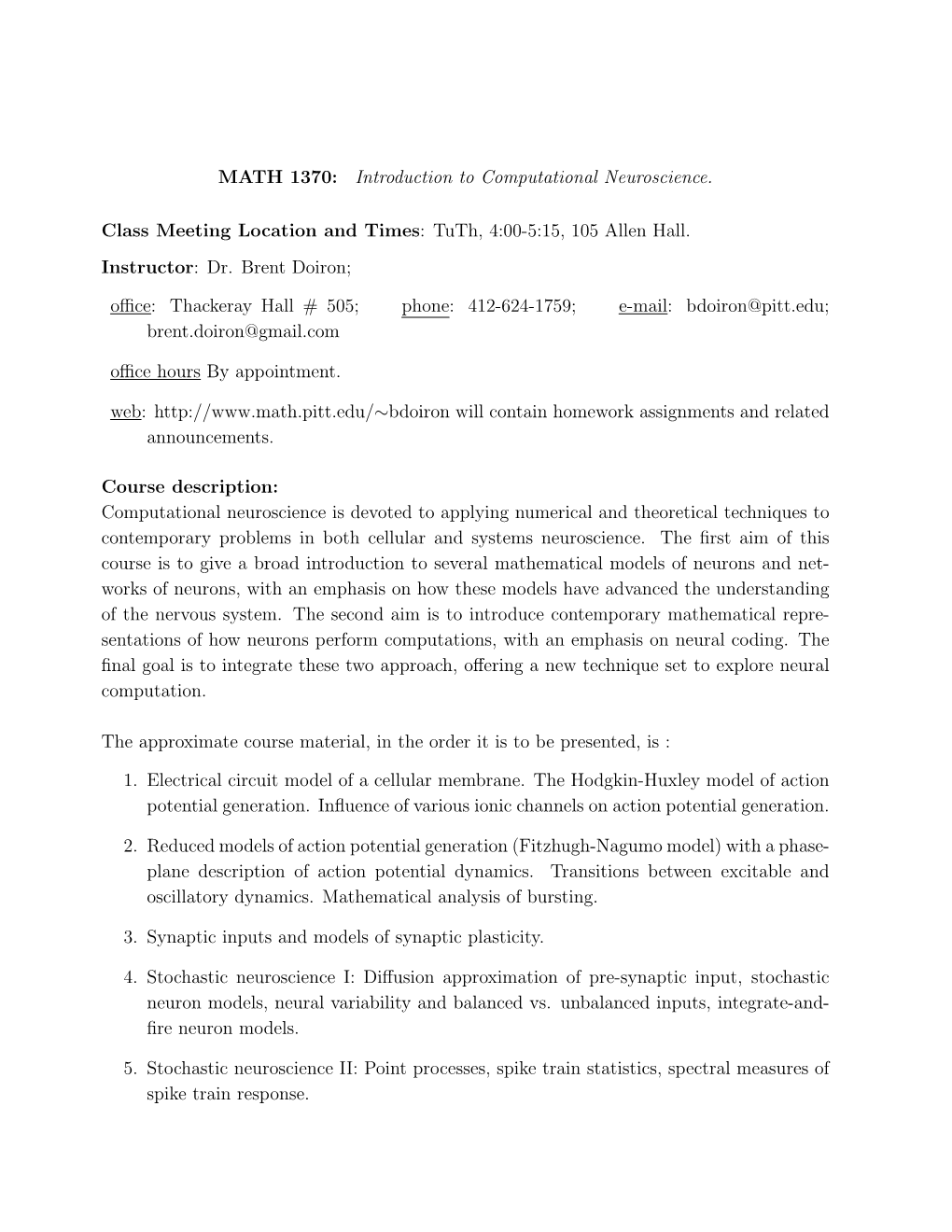 MATH 1370: Introduction to Computational Neuroscience