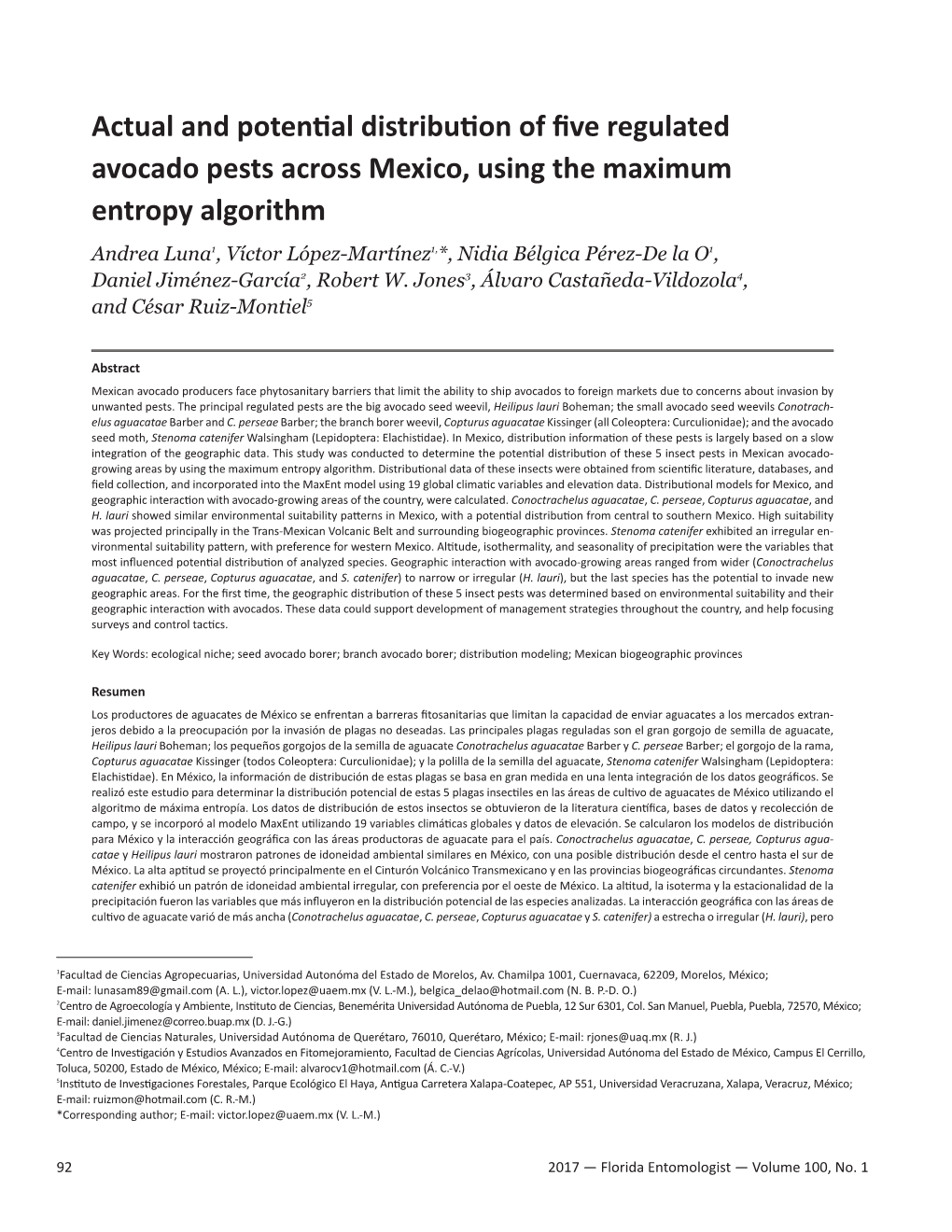 Actual and Potential Distribution of Five Regulated Avocado Pests Across