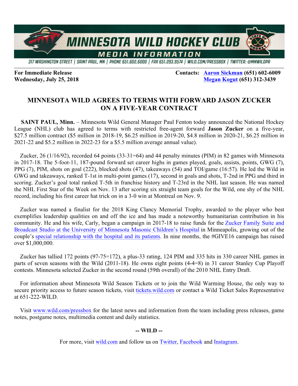 Minnesota Wild Agrees to Terms with Forward Jason Zucker on a Five-Year Contract