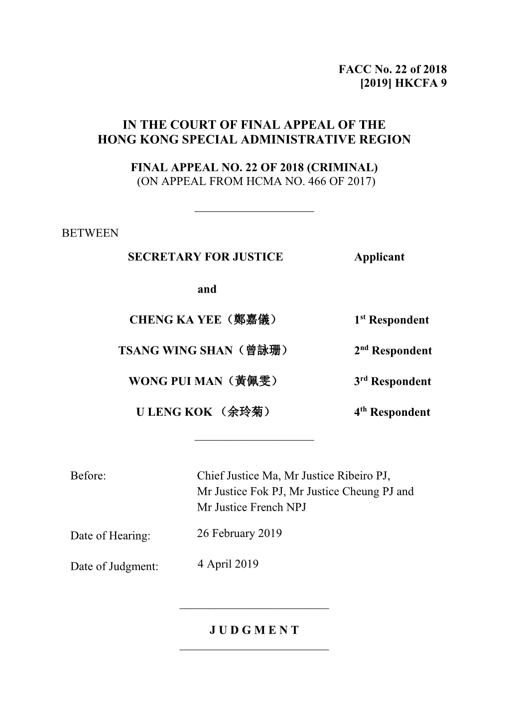 In the Court of Final Appeal of the Hong Kong Special Administrative Region