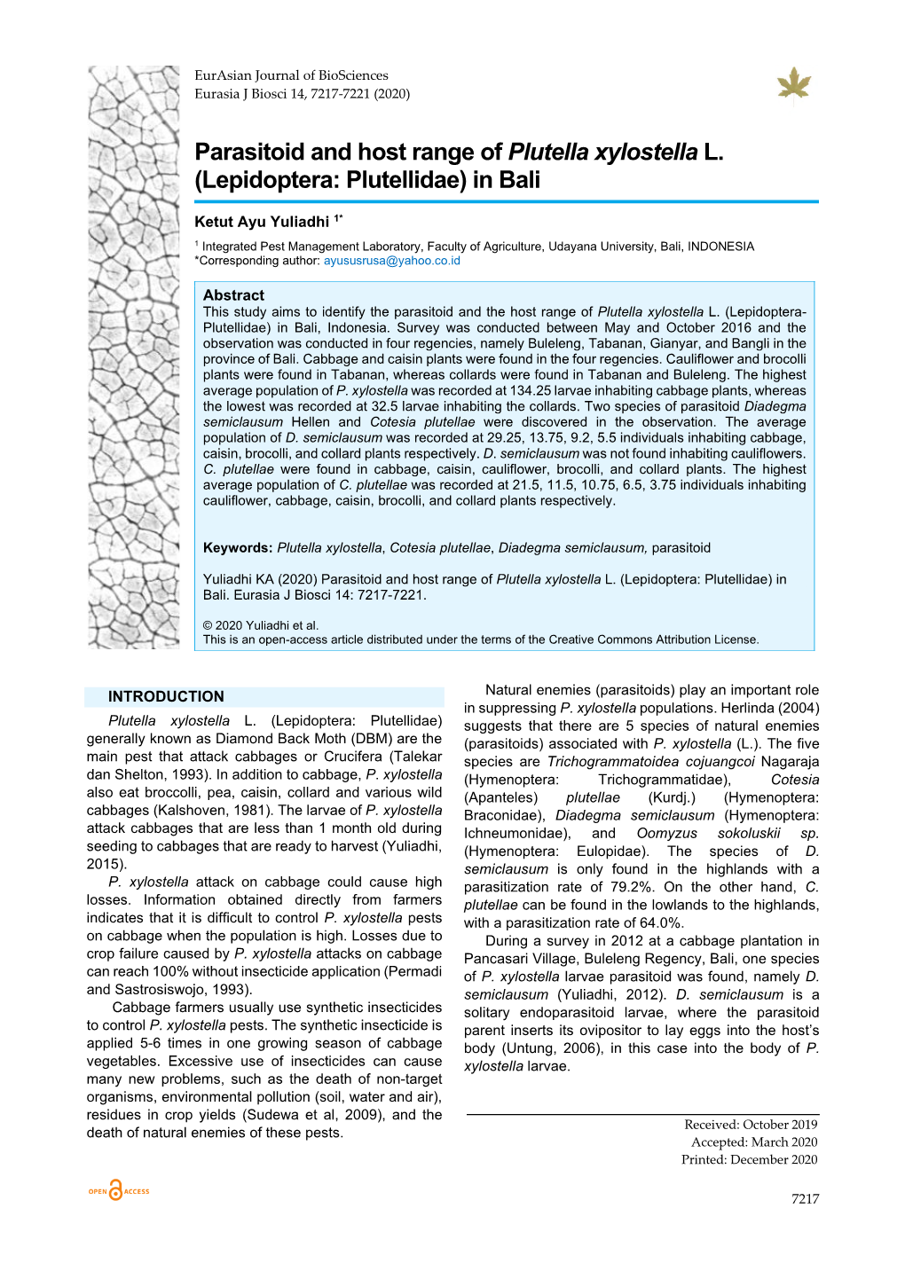 Parasitoid and Host Range of Plutella Xylostella L. (Lepidoptera: Plutellidae) in Bali