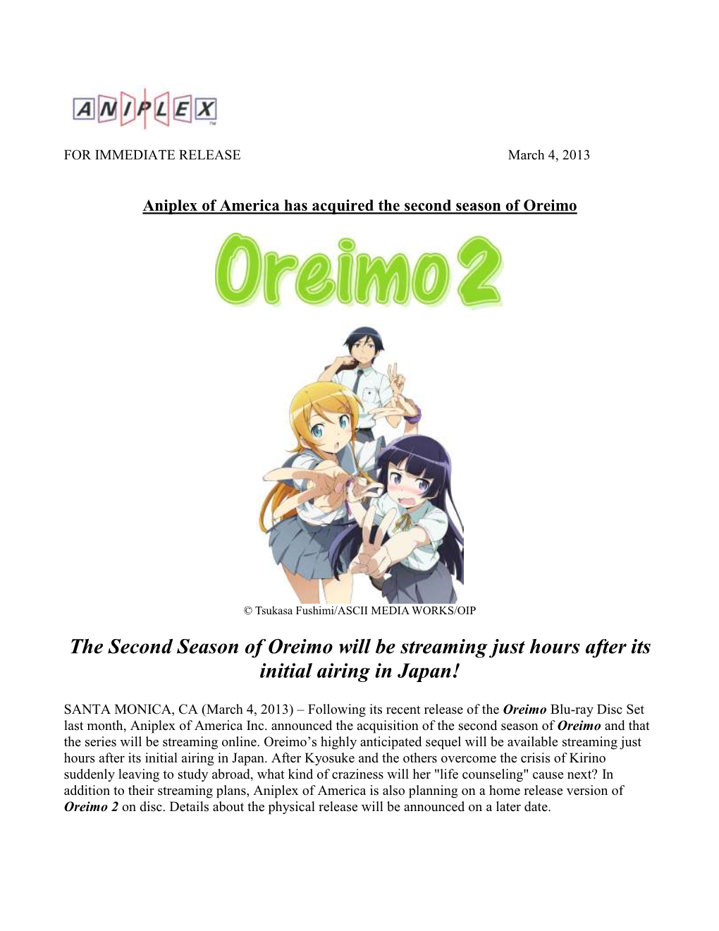 The Second Season of Oreimo Will Be Streaming Just Hours After Its Initial Airing in Japan!