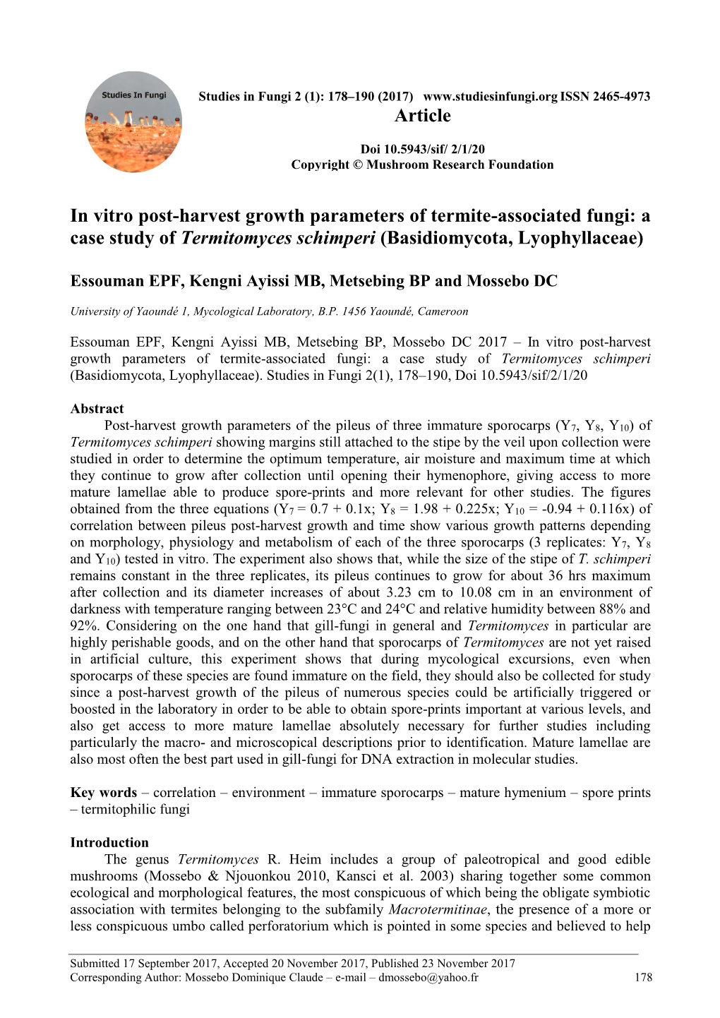 A Case Study of Termitomyces Schimperi (Basidiomycota, Lyophyllaceae)