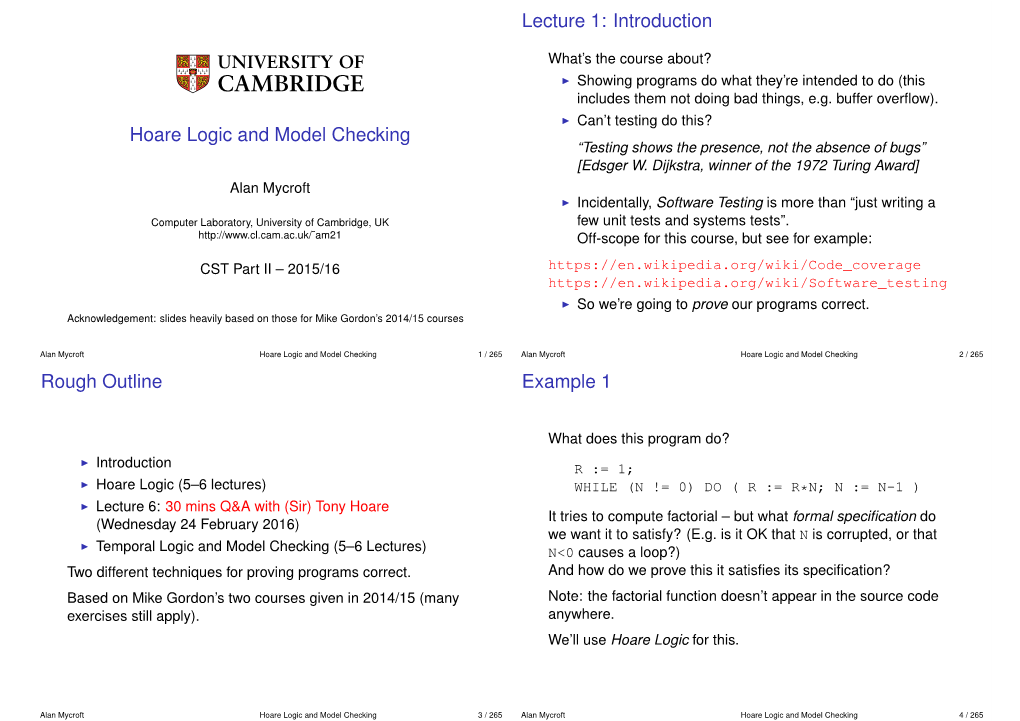 Hoare Logic and Model Checking Lecture 1