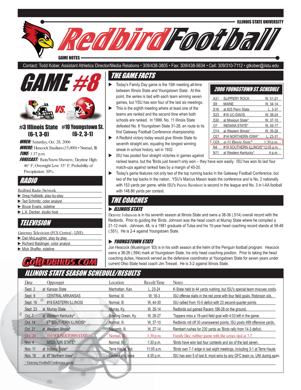 3 Illinois State Vs. #10 Youngstown State Pre-Game Notes