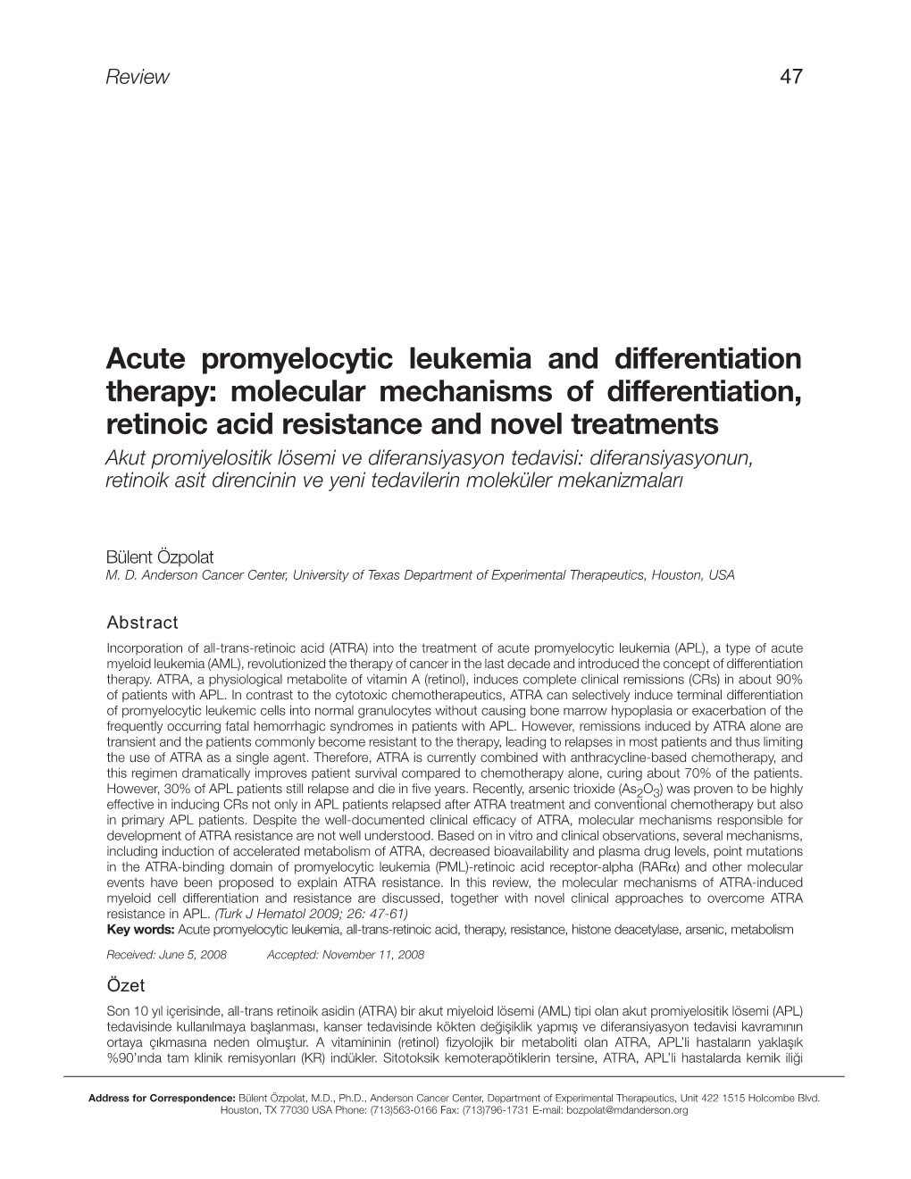 Acute Promyelocytic Leukemia and Differentiation Therapy