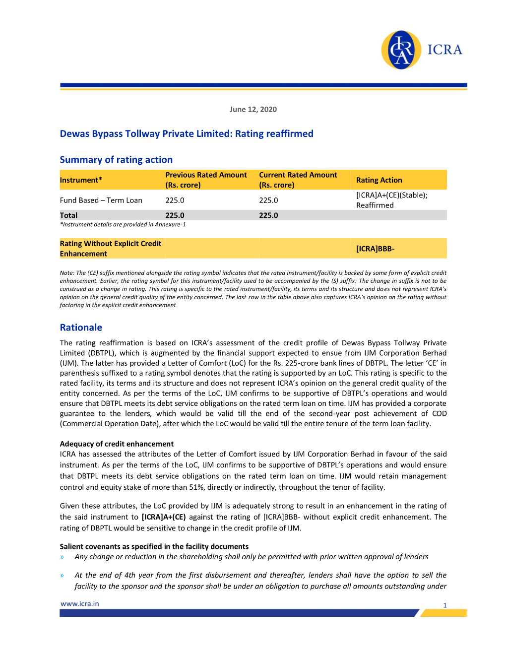 Dewas Bypass Tollway Private Limited: Rating Reaffirmed