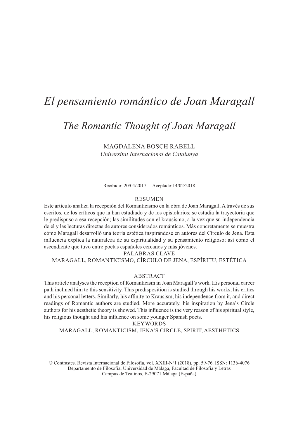 El Pensamiento Romántico De Joan Maragall