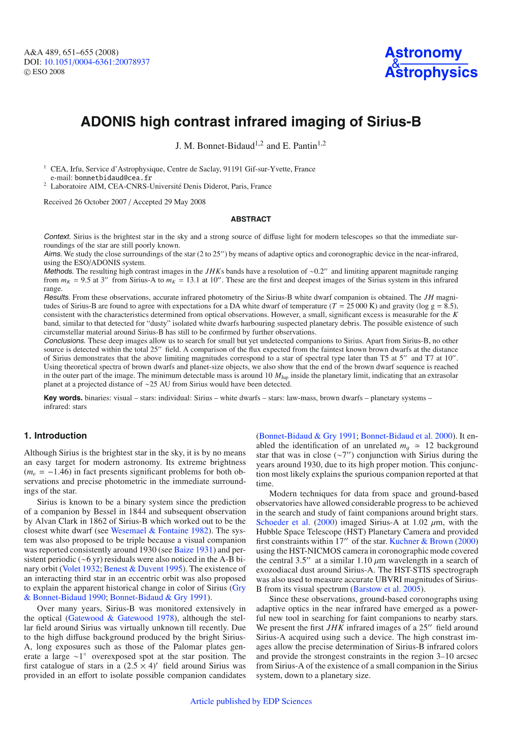 ADONIS High Contrast Infrared Imaging of Sirius-B