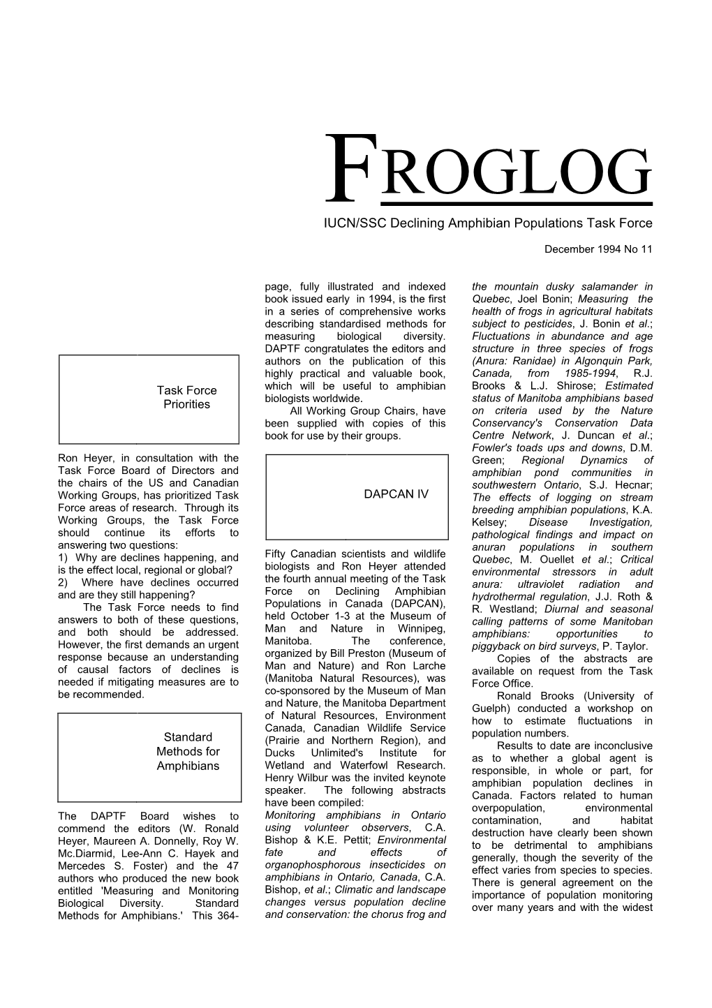 FROGLOG Newsletter of the World Conservation Union (IUCN), Species Survival Commission (SSC) Declining Amphibian Populations Task Force (DAPTF)