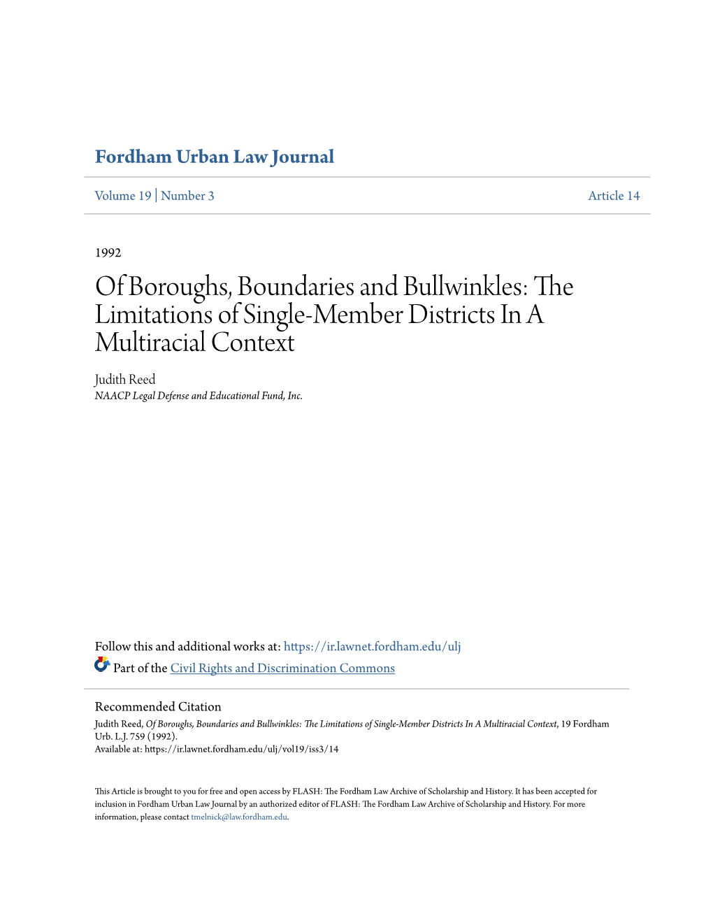 The Limitations of Single-Member Districts in a Multiracial Context Judith Reed NAACP Legal Defense and Educational Fund, Inc