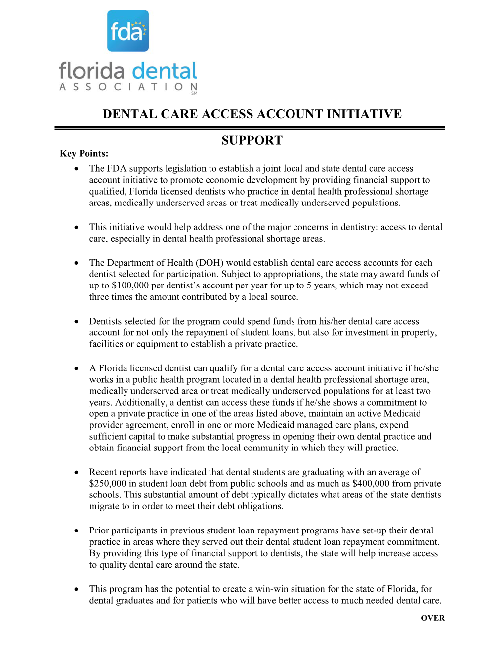 Dental Care Access Account Initiative Support