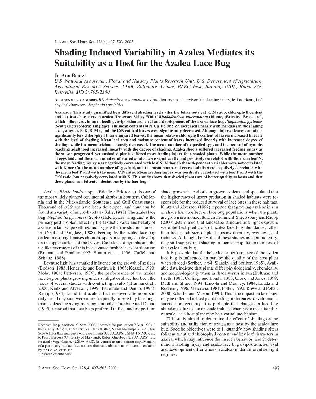 Shading Induced Variability in Azalea Mediates Its Suitability As a Host for the Azalea Lace Bug