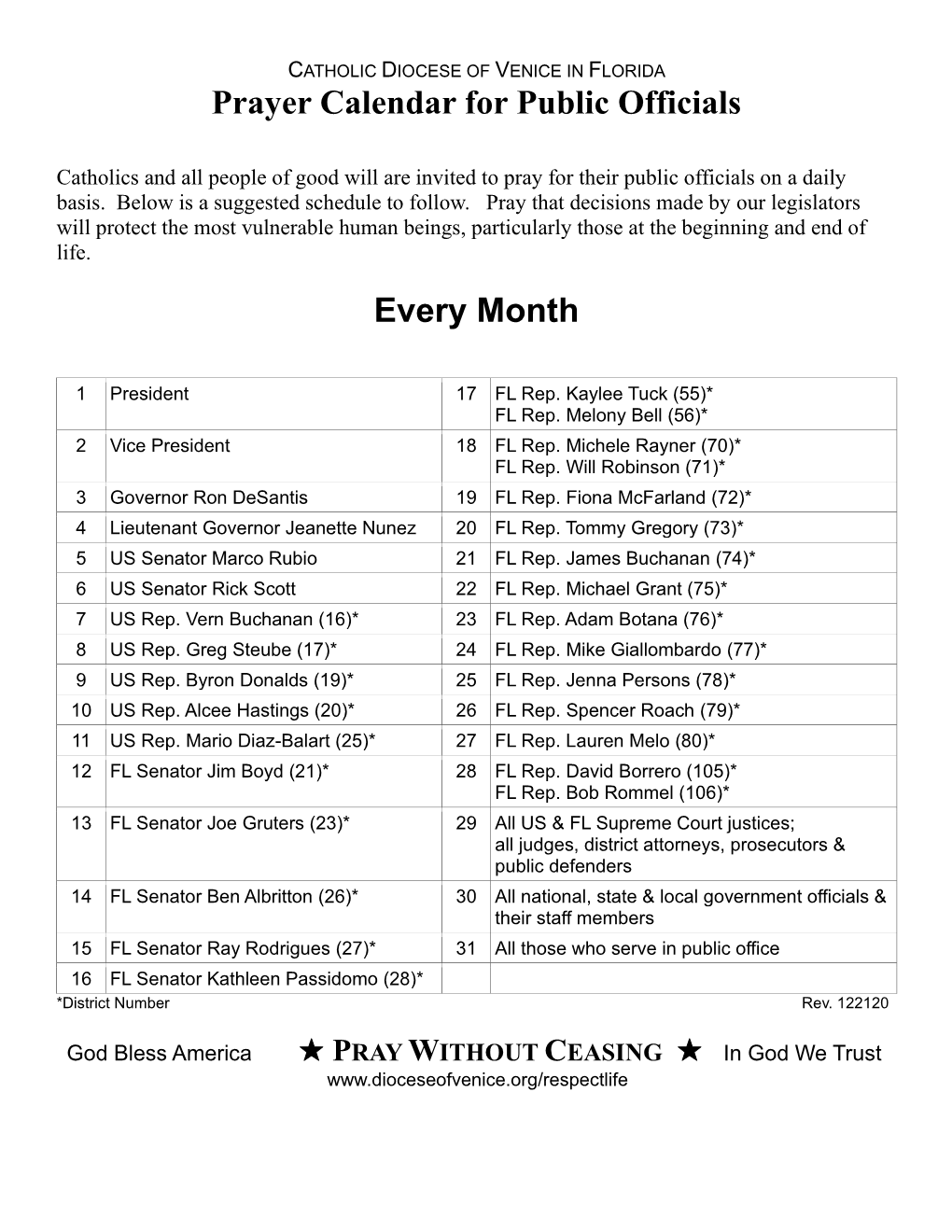 Prayer Calendar for Public Officials Every Month