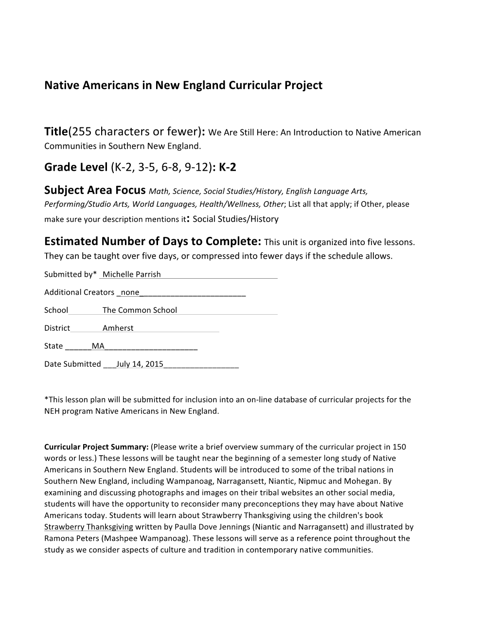Native Americans in New England Curricular Project
