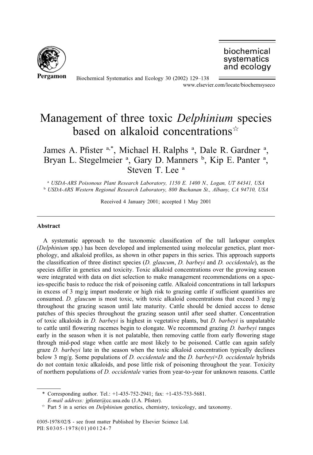 Management of Three Toxic Delphinium Species Based on Alkaloid Concentrationsଝ James A