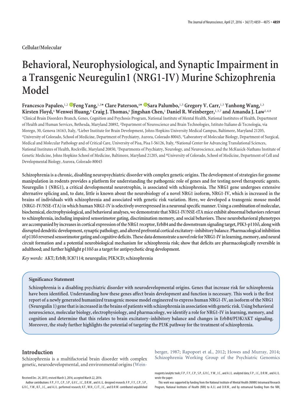 NRG1-IV) Murine Schizophrenia Model