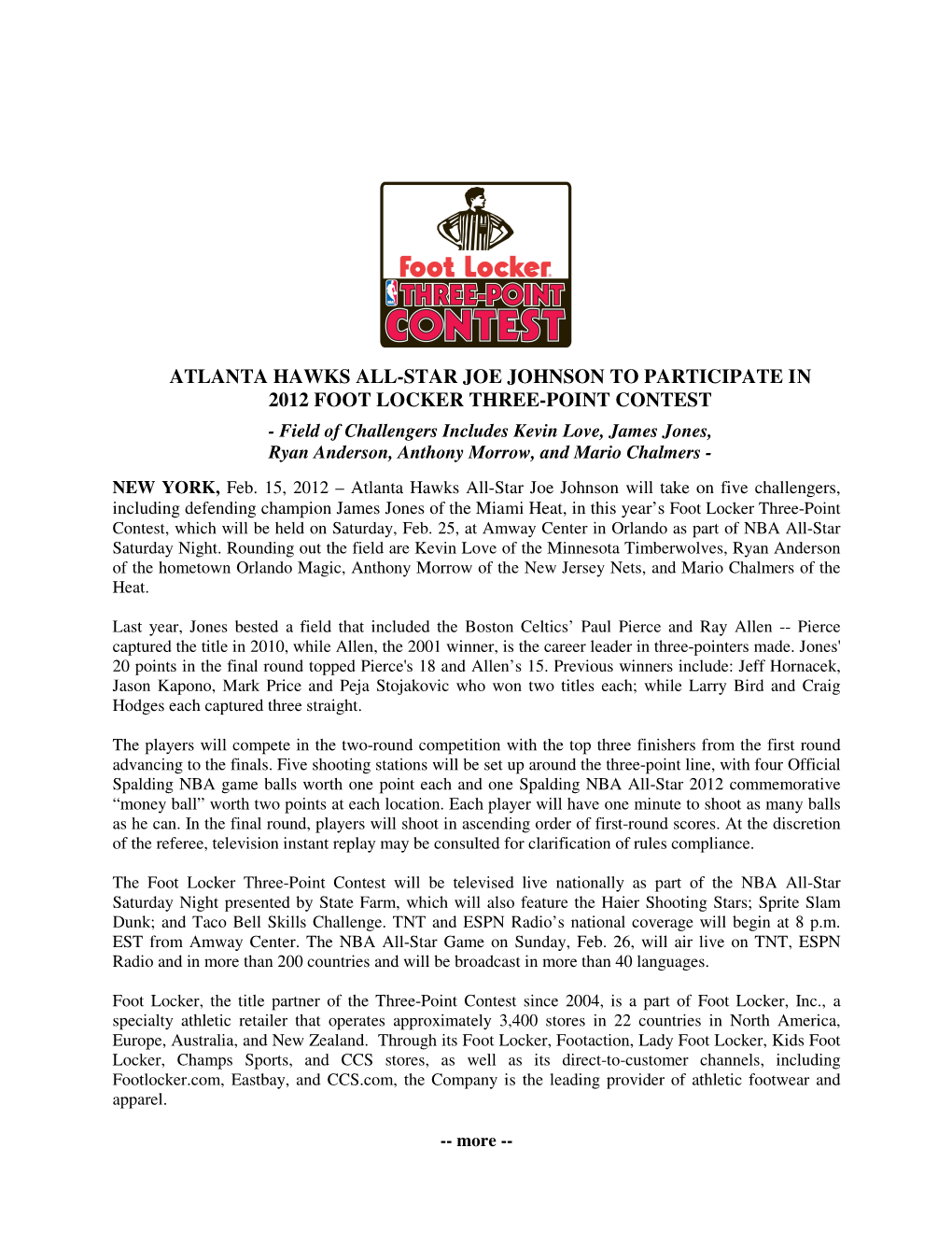 Atlanta Hawks All-Star Joe Johnson to Participate in 2012 Foot Locker Three-Point Contest