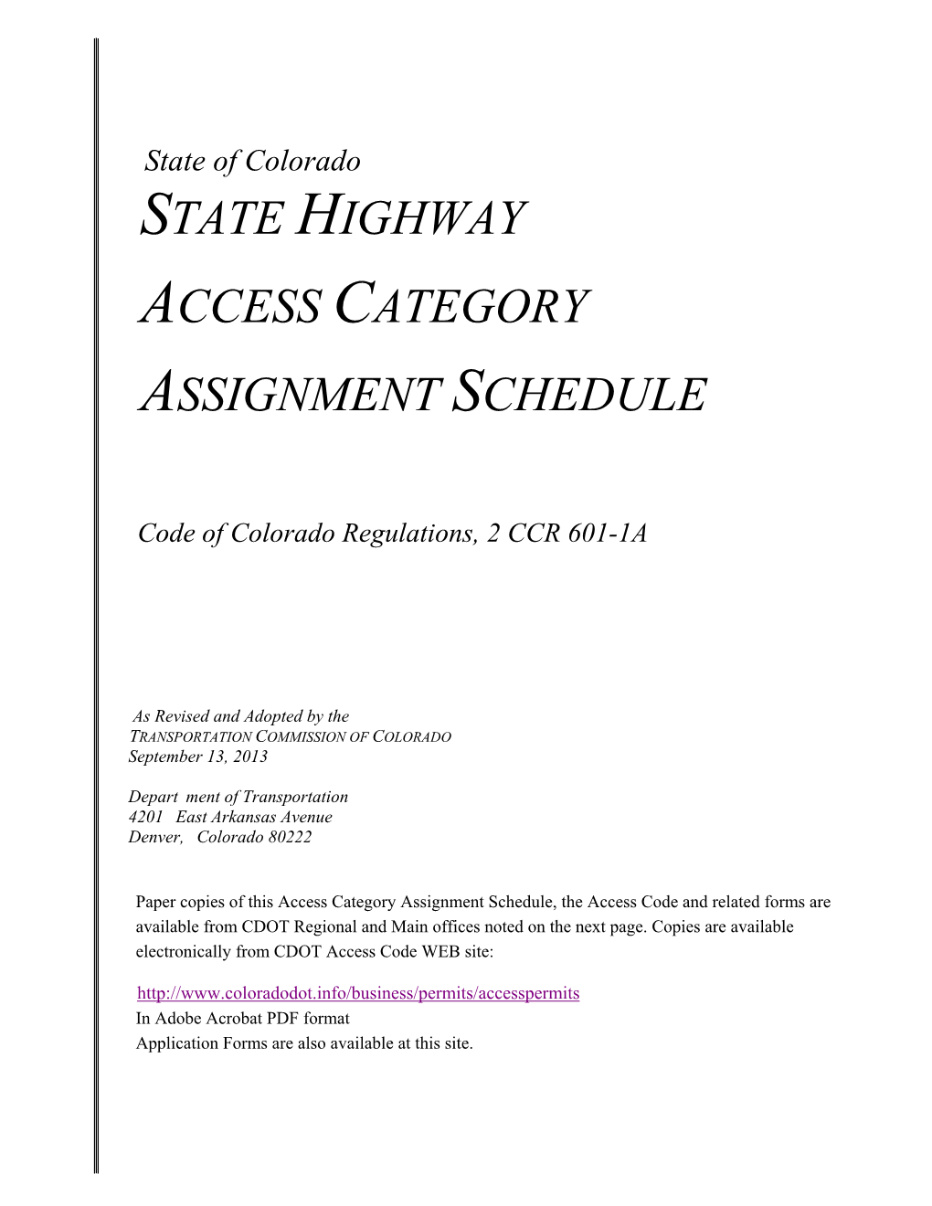 State Highway Access Category Assignment Schedule