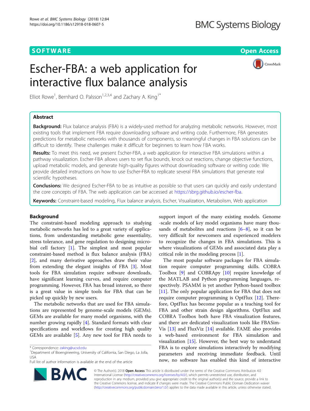 Escher-FBA: a Web Application for Interactive Flux Balance Analysis Elliot Rowe1, Bernhard O