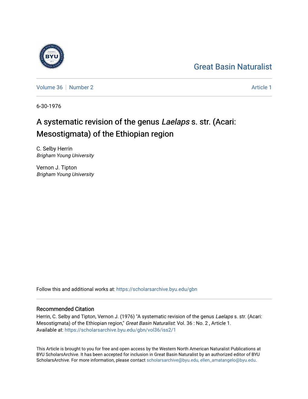 A Systematic Revision of the Genus Laelaps S. Str. (Acari: Mesostigmata) of the Ethiopian Region