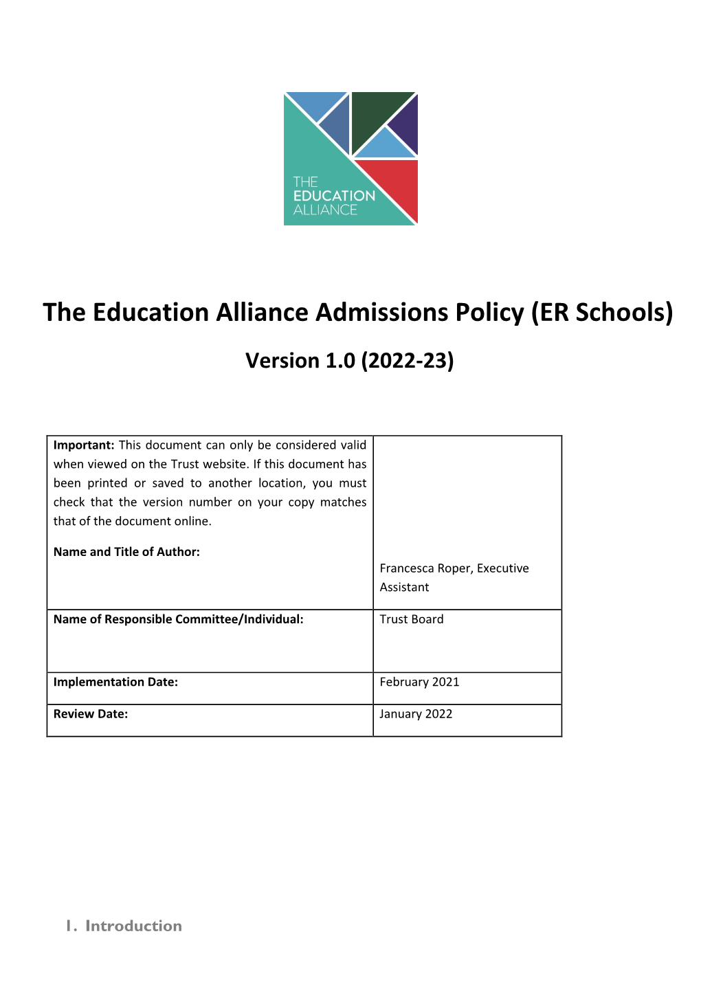 The Education Alliance Admissions Policy (ER Schools) Version 1.0 (2022-23)