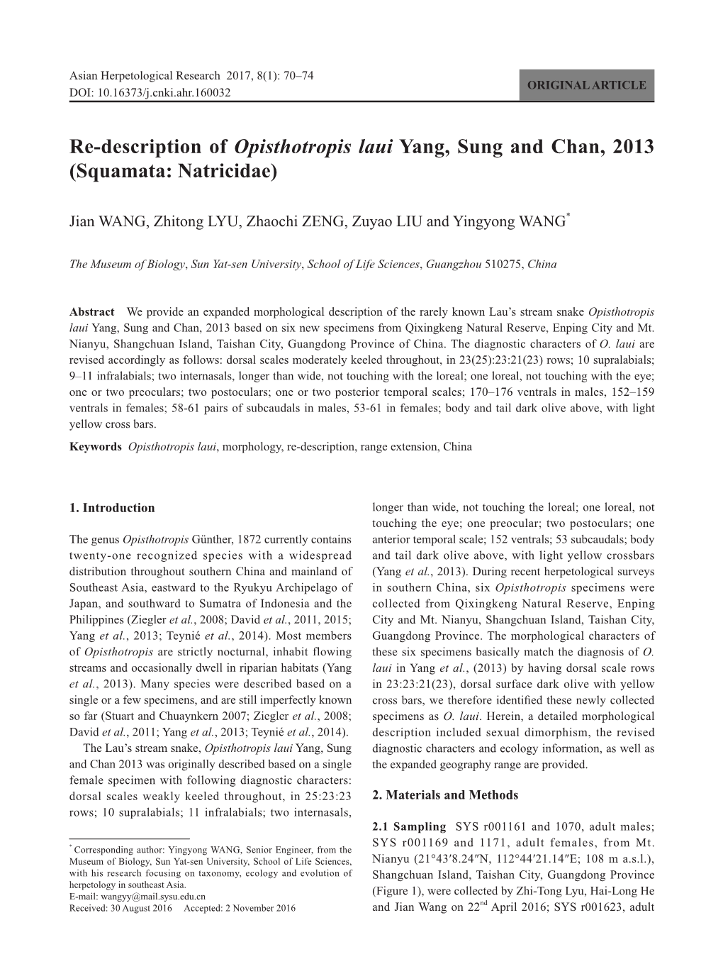 Re-Description of Opisthotropis Laui Yang, Sung and Chan, 2013 (Squamata: Natricidae)