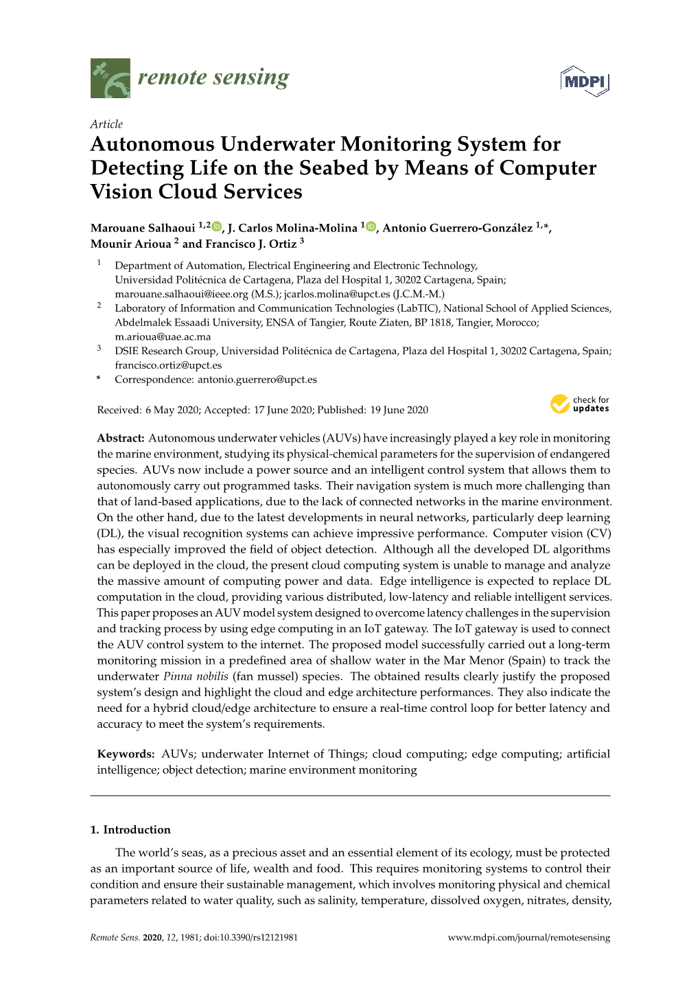 Autonomous Underwater Monitoring System for Detecting Life on the Seabed by Means of Computer Vision Cloud Services