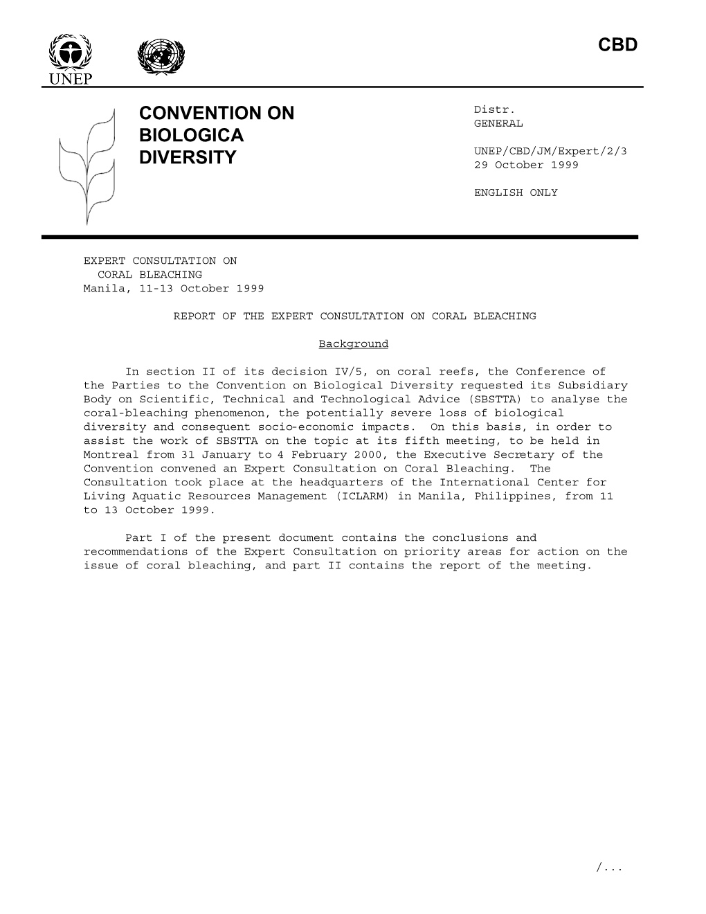 EXPERT CONSULTATION on CORAL BLEACHING Manila, 11-13 October 1999