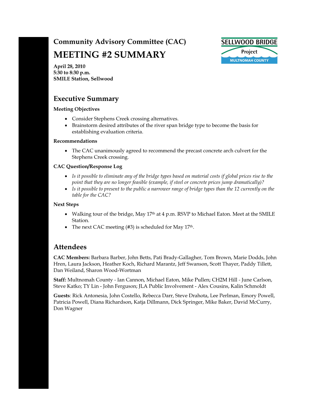 MEETING #2 SUMMARY April 28, 2010 5:30 to 8:30 P.M