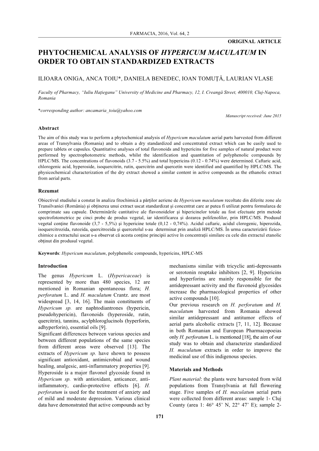 Phytochemical Analysis of Hypericum Maculatum in Order to Obtain Standardized Extracts